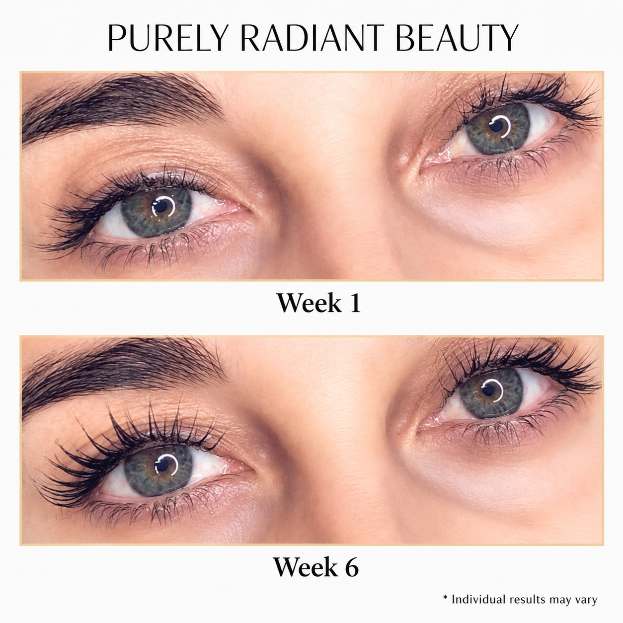 Eyelash growth serum results - Week 1 vs Week 6 before and after comparison