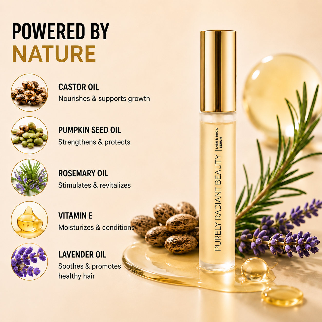 Purely Radiant Beauty serum powered by natural ingredients - castor oil, pumpkin seed, rosemary, vitamin E, lavender